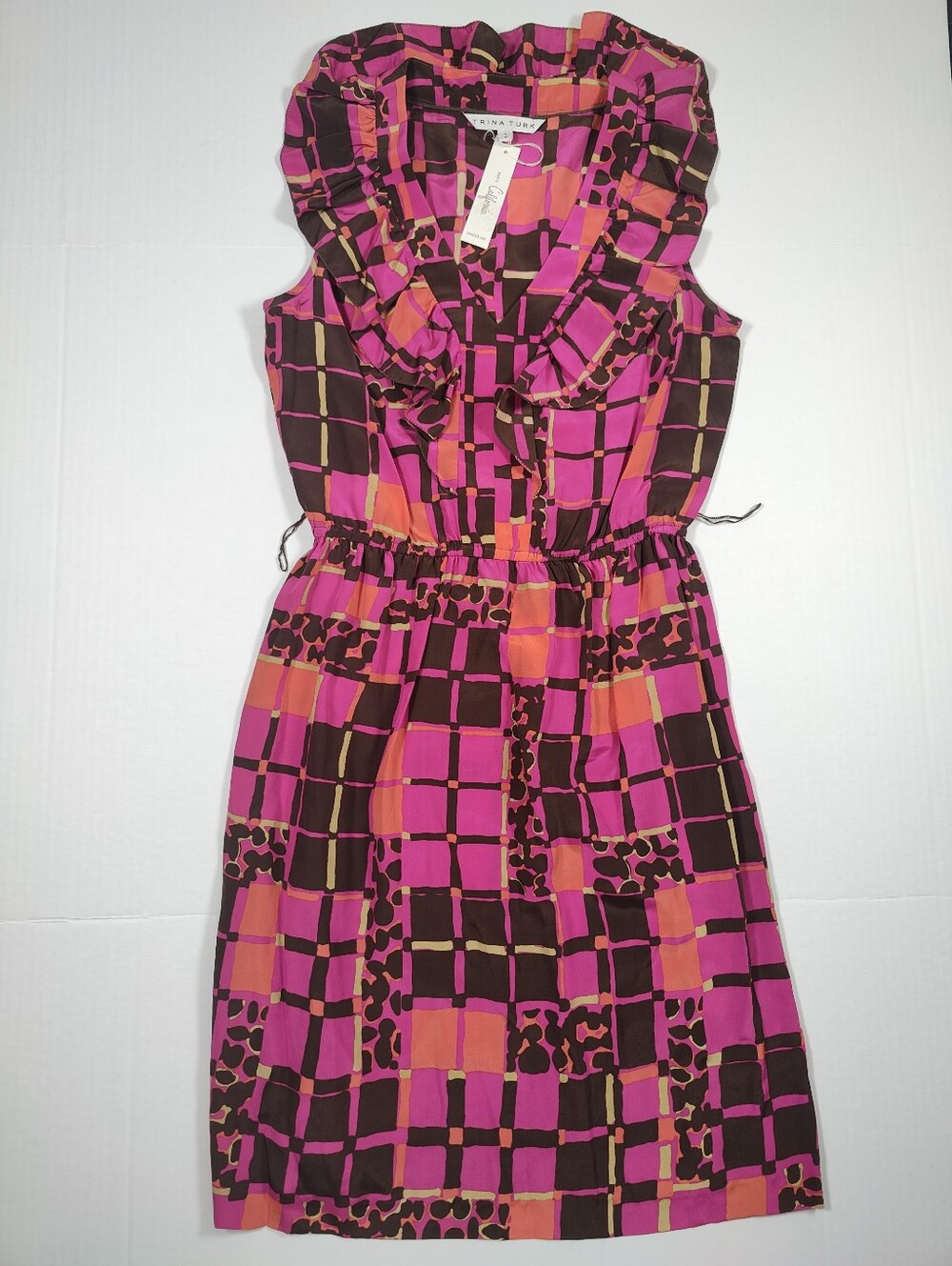 NWT Trina Turk 100% Silk Pink Orange Geometric Ruffled Neck Dress Sz 2 USA Made